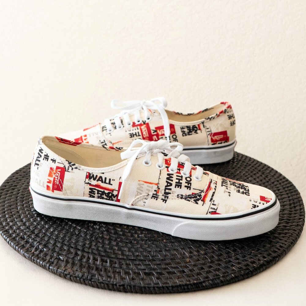 Vans Off The Wall Packing Tape Print Sneakers Mens 10.5 Cream Red Canvas Shoes - Picture 5 of 9